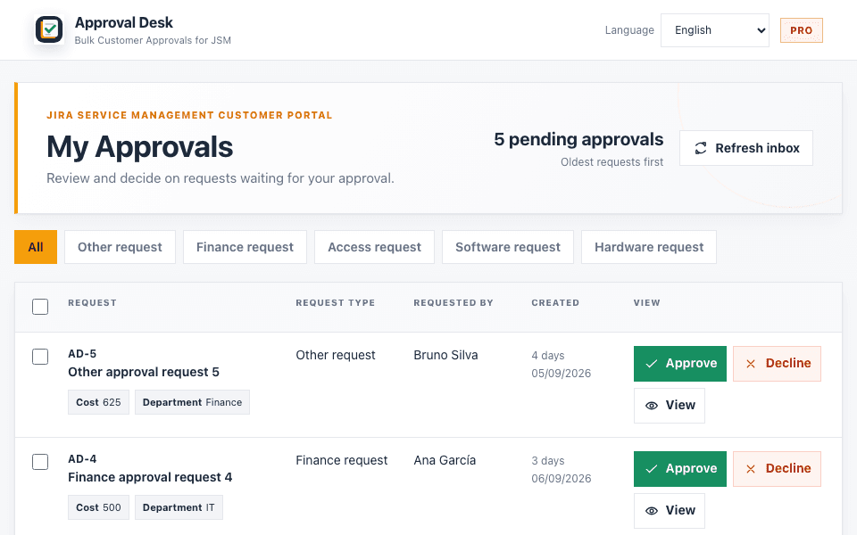 Approval Desk – Bulk Approvals for JSM interface