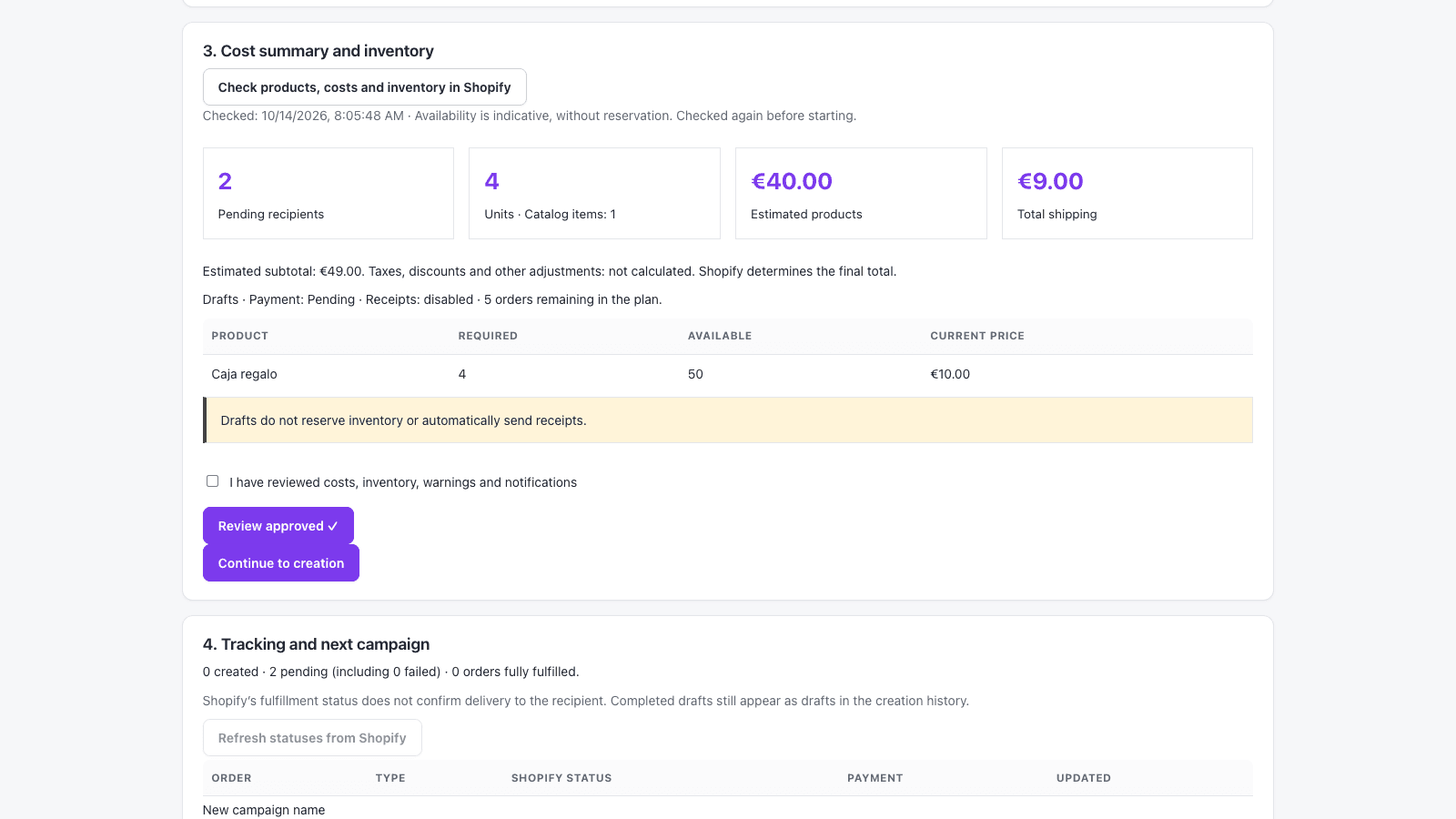 Bulk Gift Orders interface